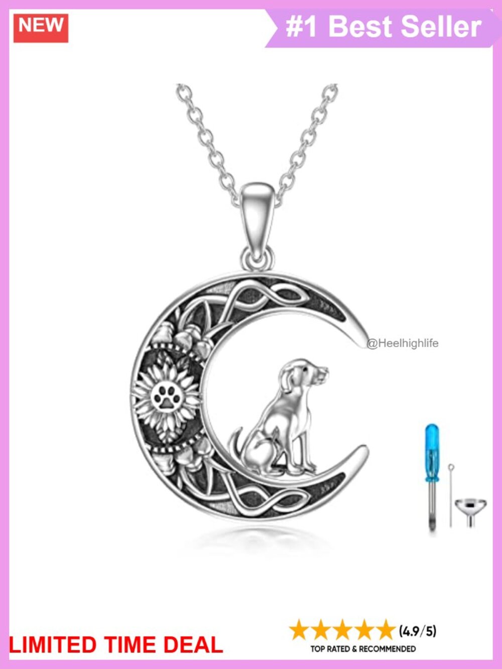 Sterling Silver Dog Urn Necklace Crescent Moon Sunflower Pet Memorial Pendant